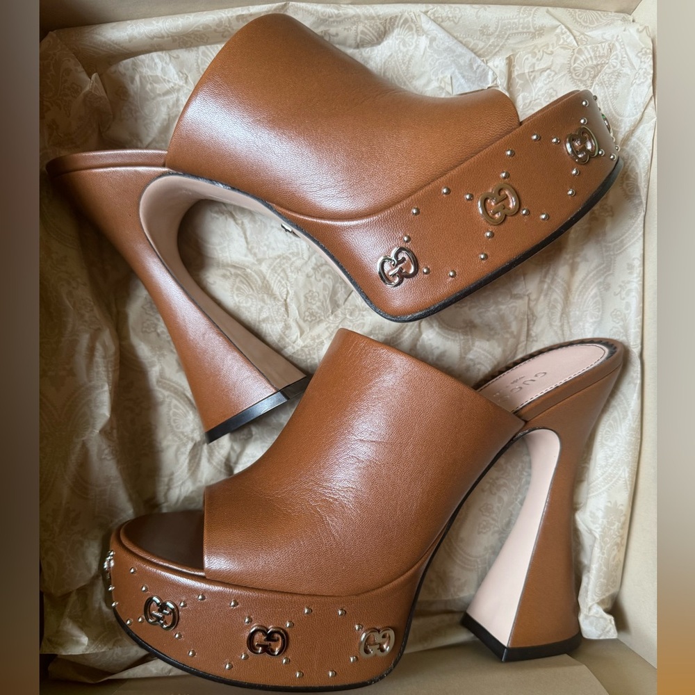 Gucci Shoes - Brown leather platform mules - 38.5